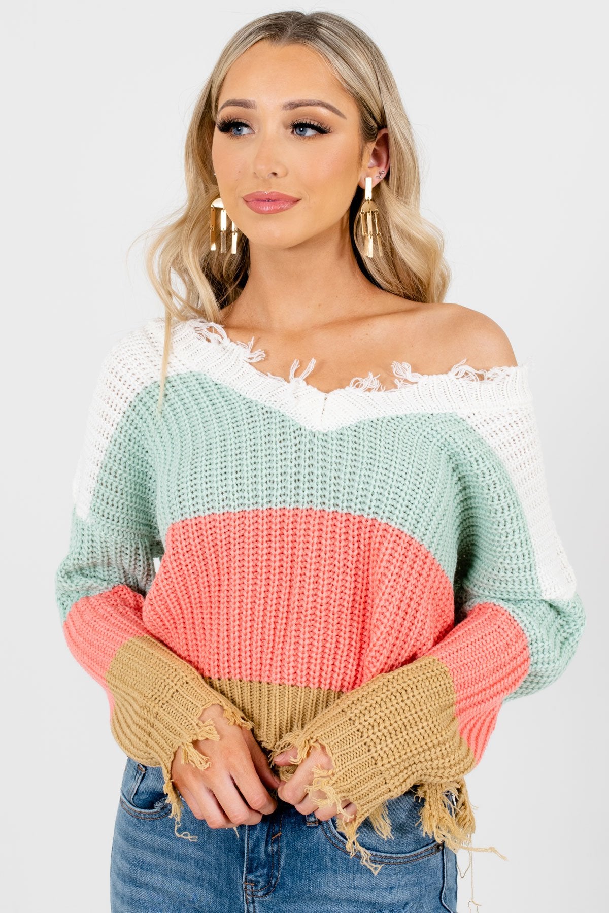 Mint Green and Pink Striped Beige Knit Sweater  Beige knit sweater,  Stylish sweaters, Knitted sweaters