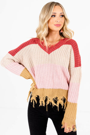 Light Pink Multicolored Stripe Patterned Boutique Sweaters for Women