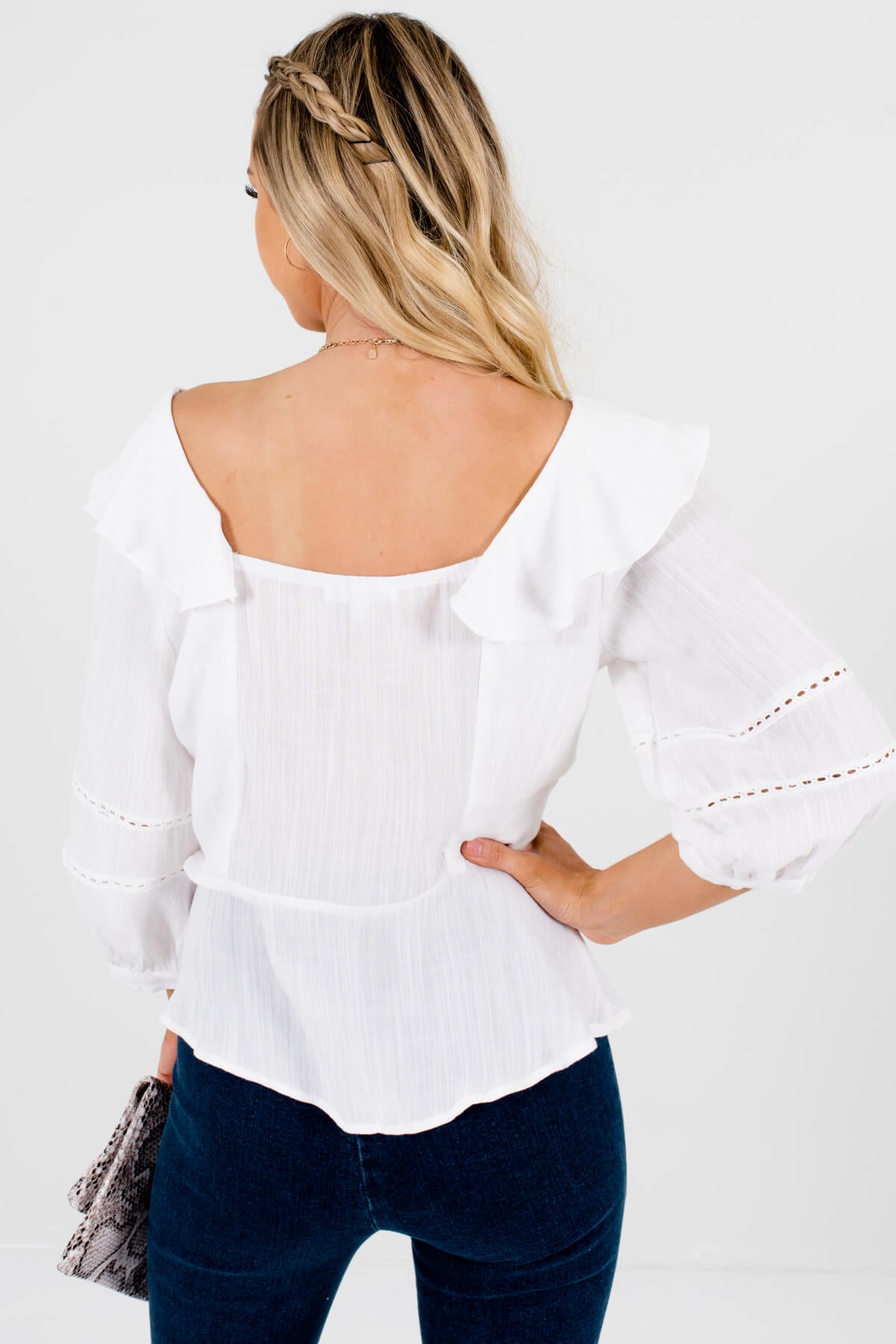 White Button Up Ruffle Blouses with Crochet Accents and Puff Sleeves