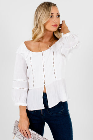 White Button Up Ruffle Crochet Puff Sleeve Peasant Blouses