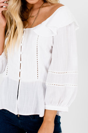White Button Up Crochet Lace Puff Sleeve Peasant Tops and Blouses