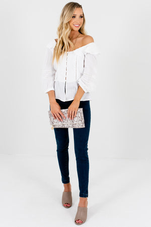 White Puff Sleeve Button Up Ruffle Peasant Blouses Boutique