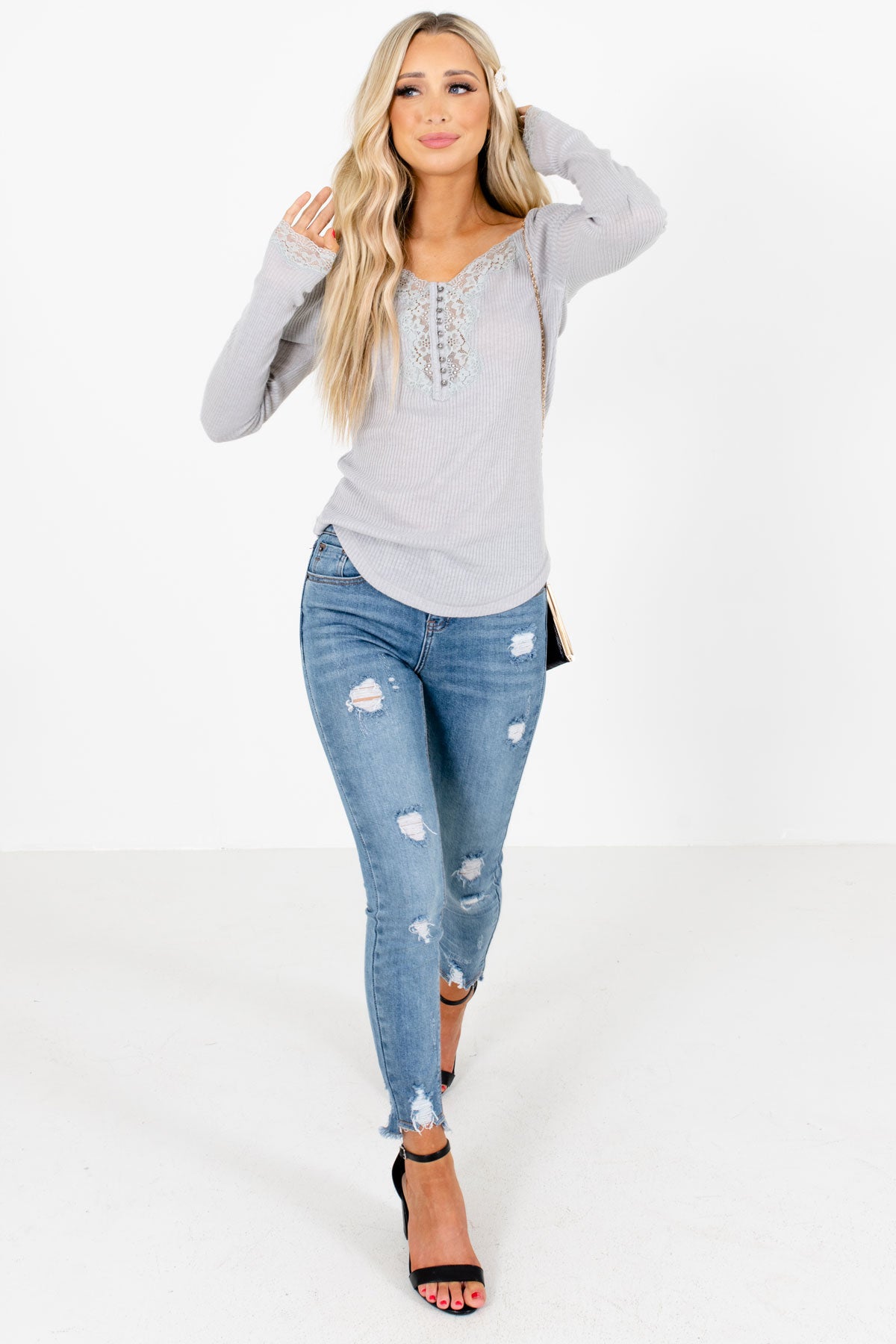 Women's Gray Ribbed Material Boutique Top