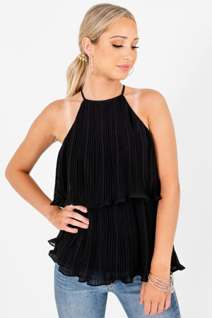 Black Halter Pleated Tiered Overlay Tank Tops for Women