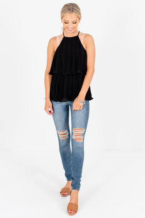 Black Halter Pleated Tank Tops Affordable Online Boutique
