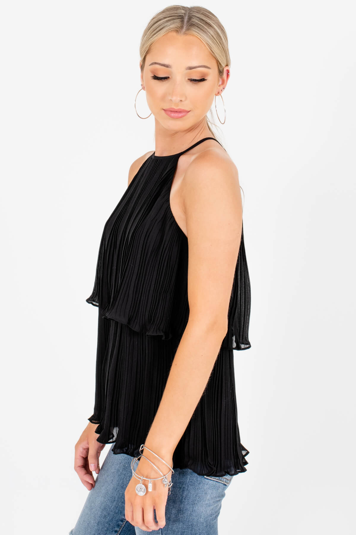 Black Pleated Halter Tank Tops with Tiered Overlay Style