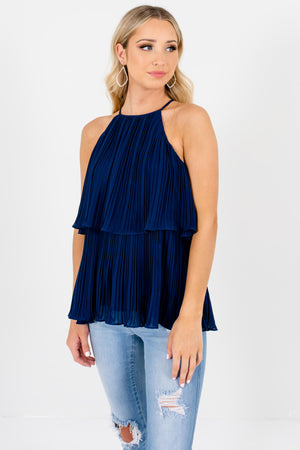 Navy Blue Halter Pleated Tiered Tank Tops for Women