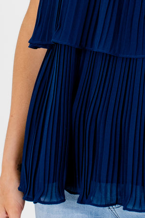 Navy Blue Halter Pleated Tiered Overlay Tank Tops for Women