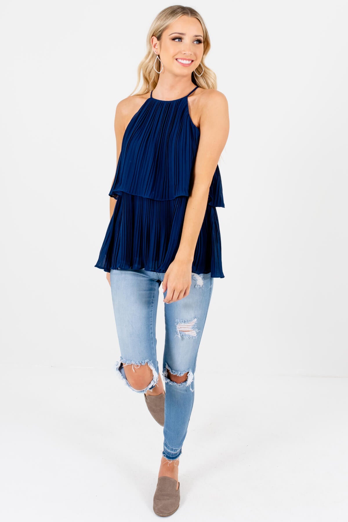 Navy Blue Halter Pleated Tank Tops Affordable Online Boutique