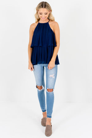 Navy Blue Pleated Halter Tanks Affordable Online Boutique