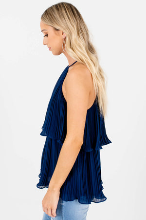 Navy Blue Pleated Halter Tank Tops Affordable Online Boutique