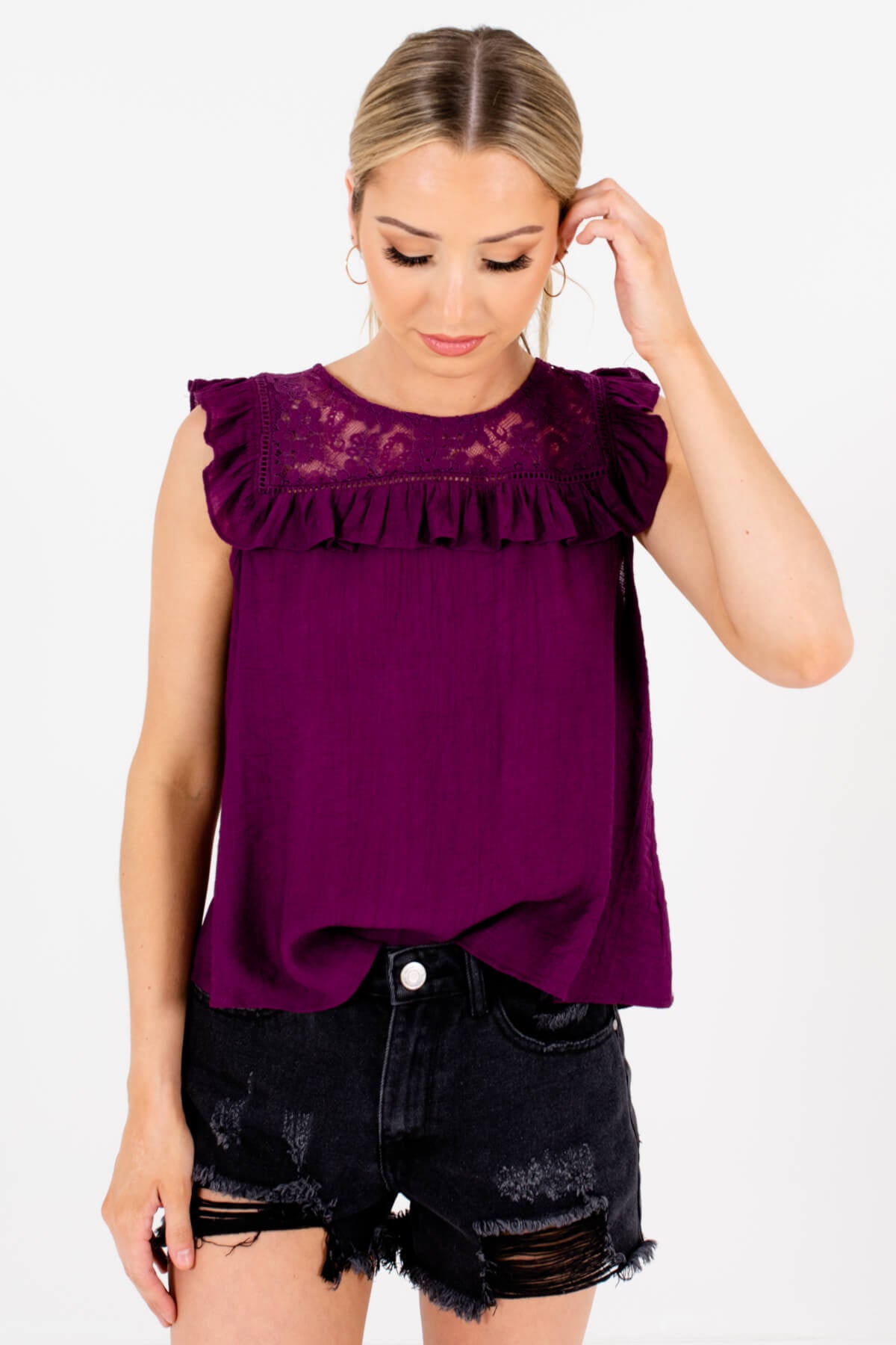 Plum Purple Crochet Lace Flower Detailed Boutique Blouses for Women