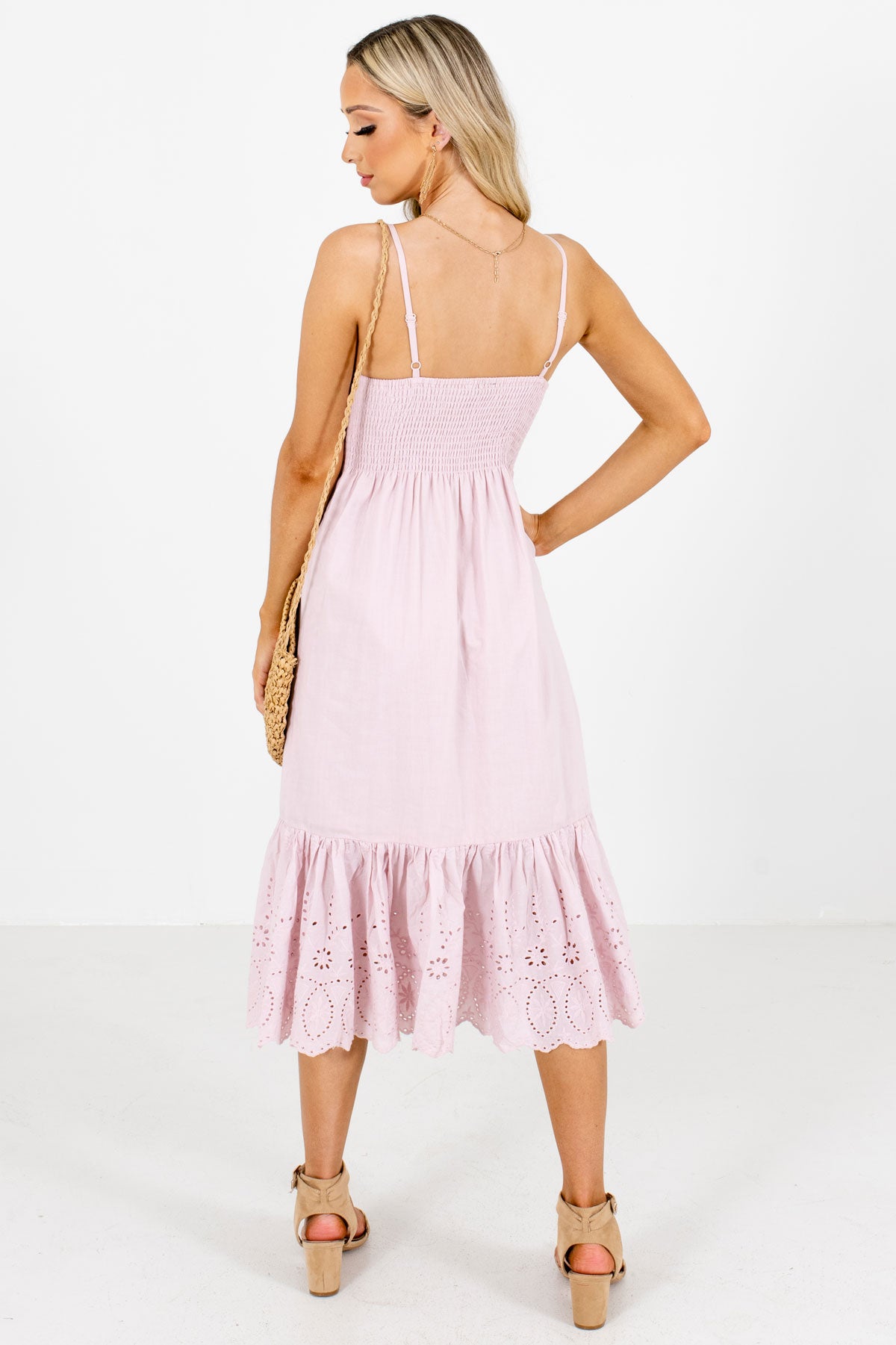 Women's Pink Pleated Accented Boutique Midi Dress