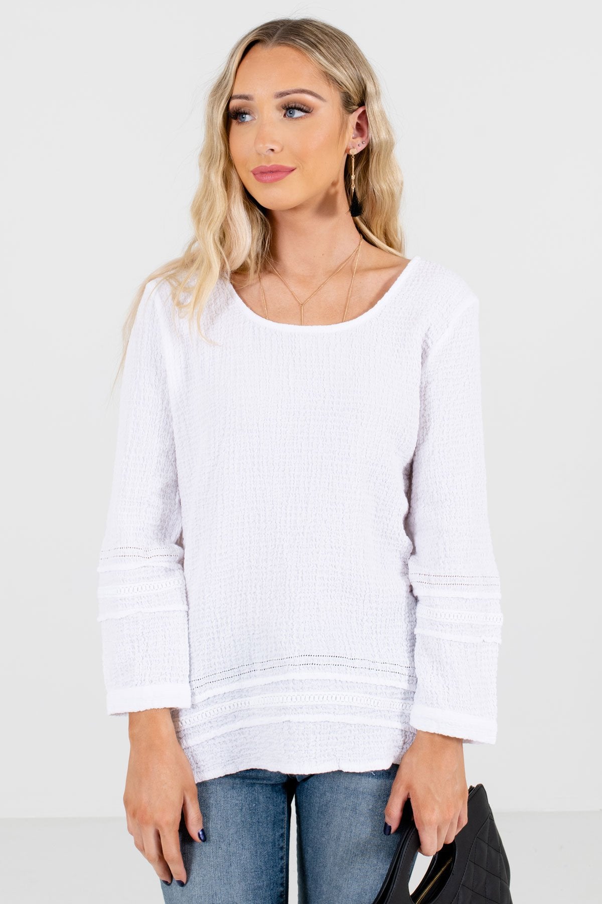 White High-Quality Textured Material Boutique Tops for Women