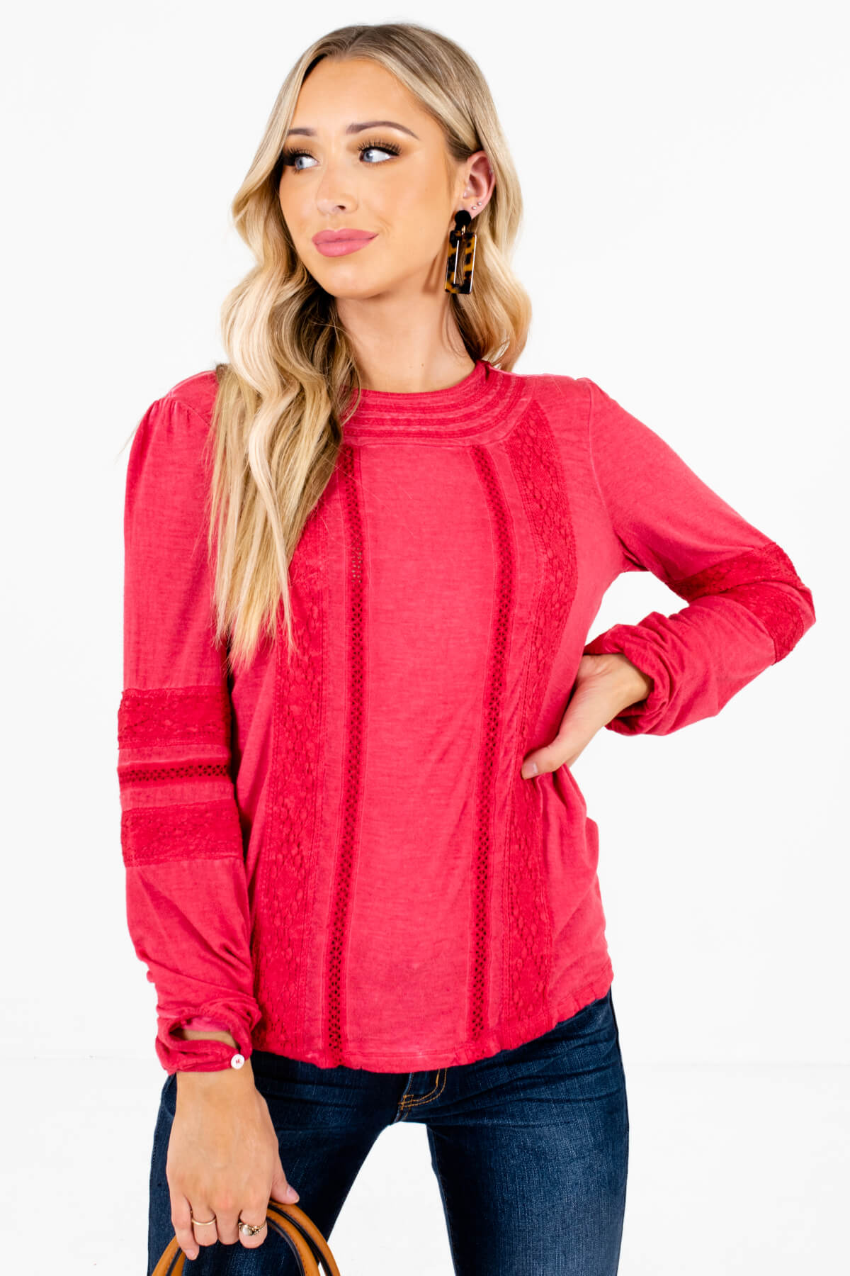 Red Crochet Lace Accented Boutique Tops for Women