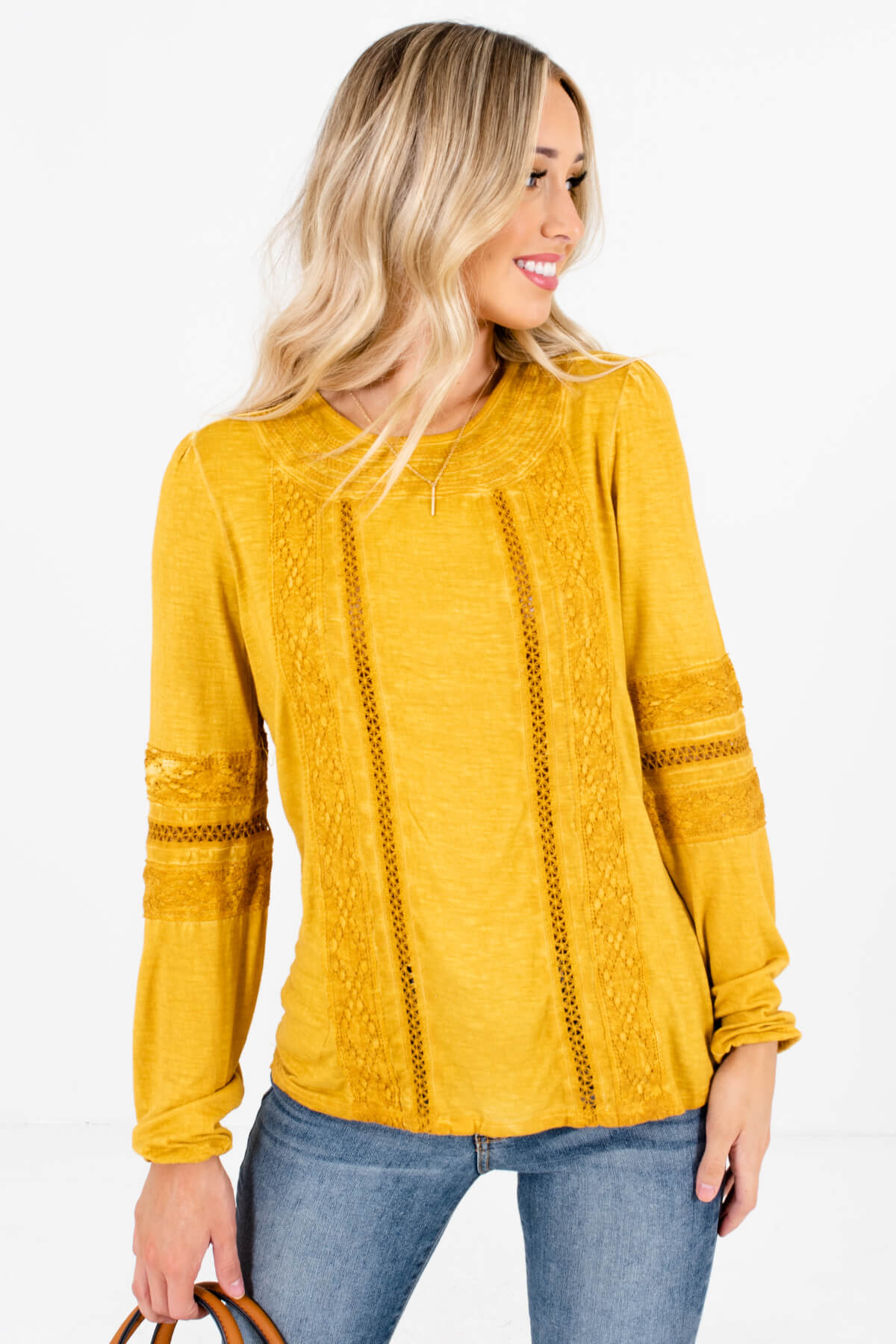 Mustard Yellow Crochet Lace Accented Boutique Tops for Women