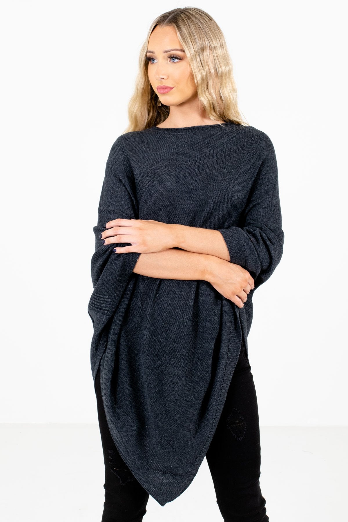 Charcoal Gray Cute and Comfortable Boutique Poncho Sweaters for Women