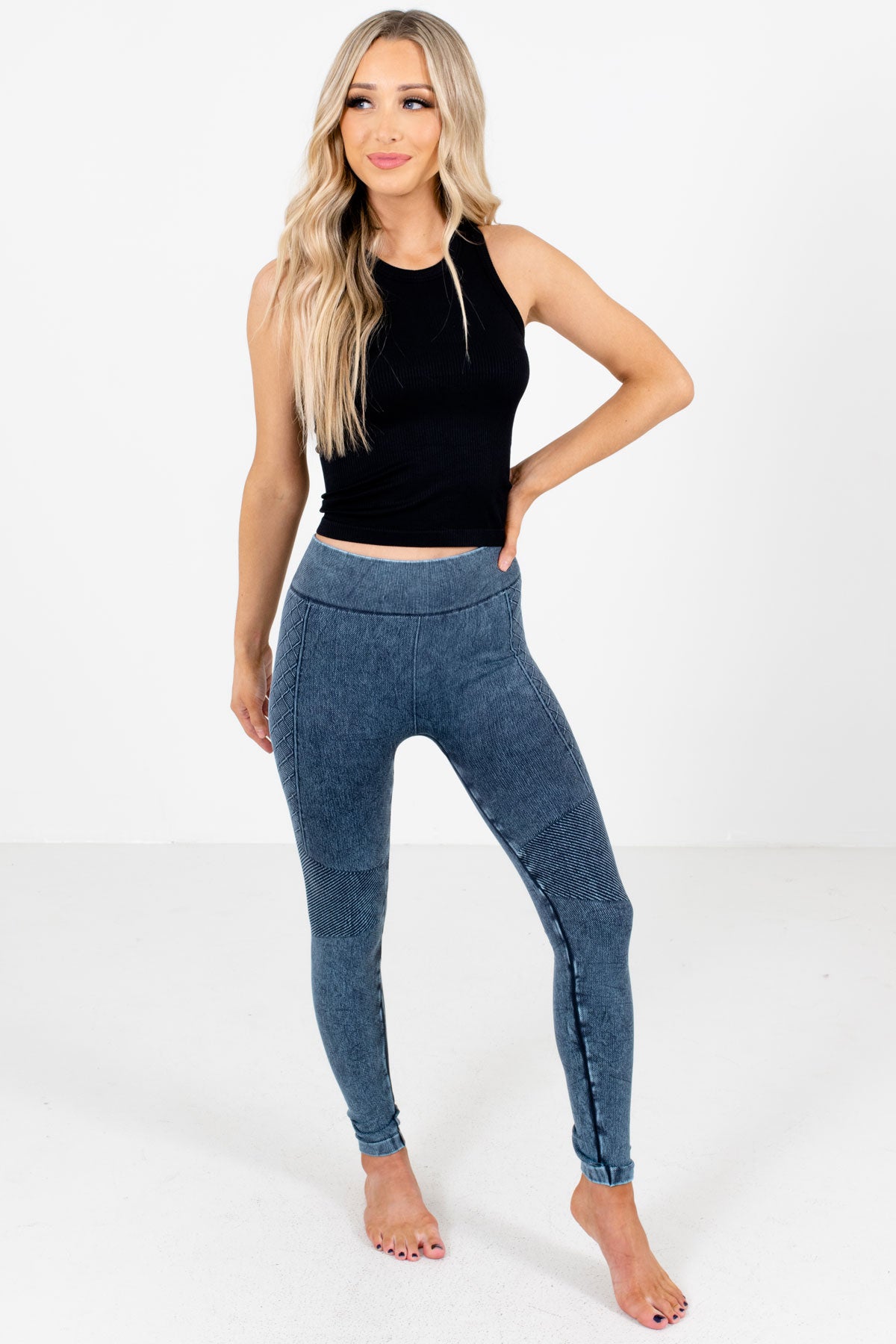 Women's Blue Ribbed and Diamond Textured Boutique Active Leggings