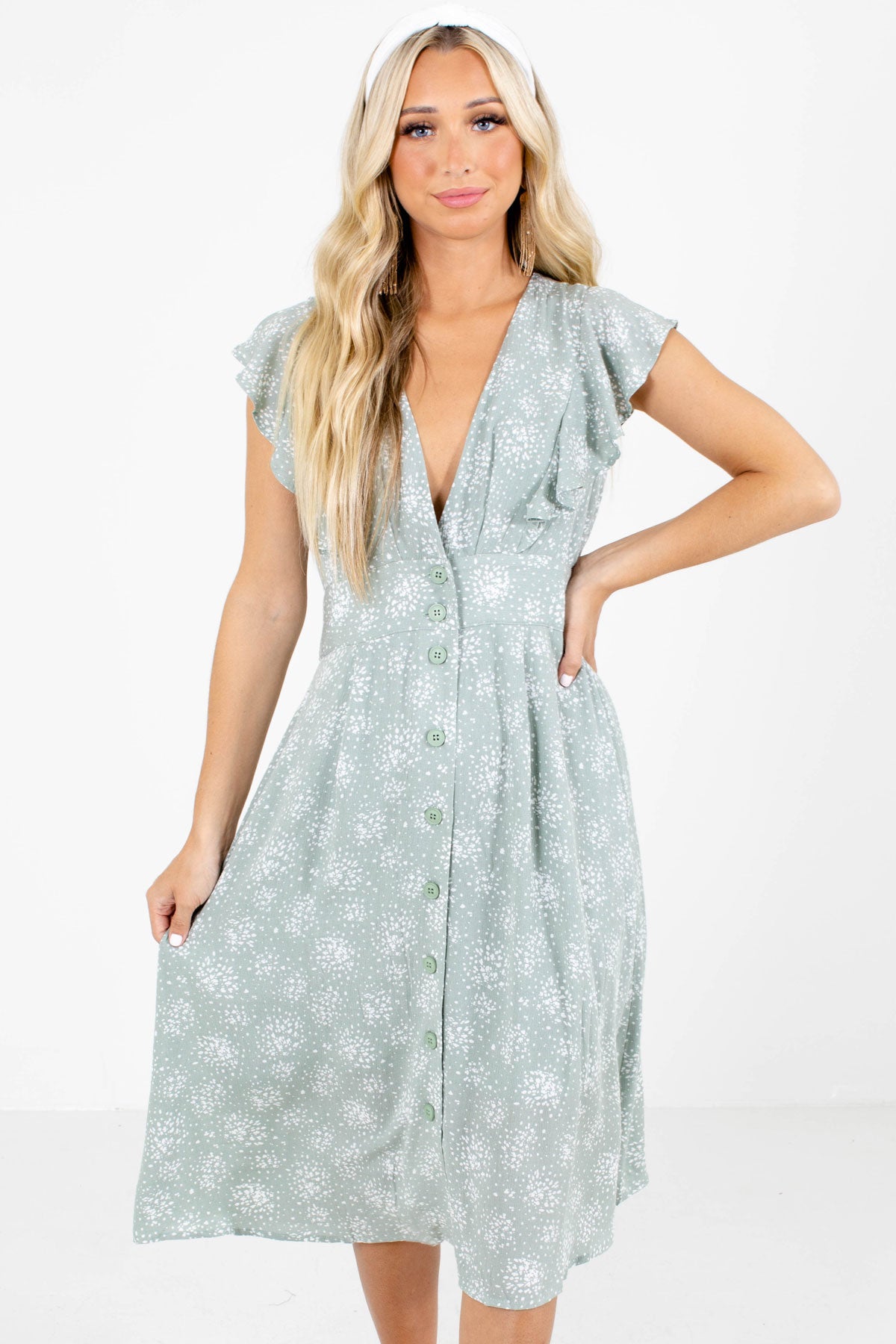 Sage and White Patterned Boutique Midi Dresses for Women