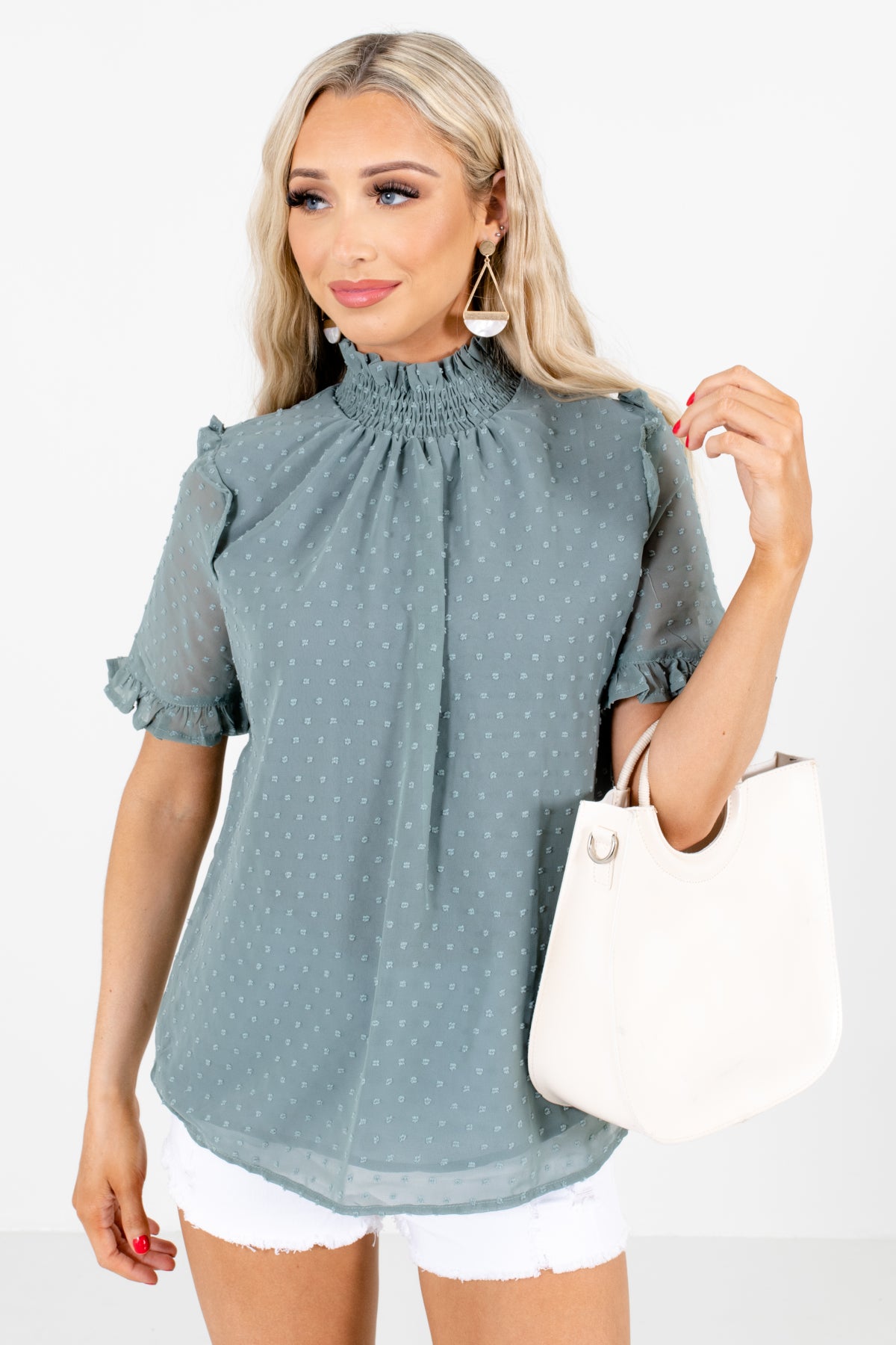 Green Ruffle Accented Boutique Blouses for Women