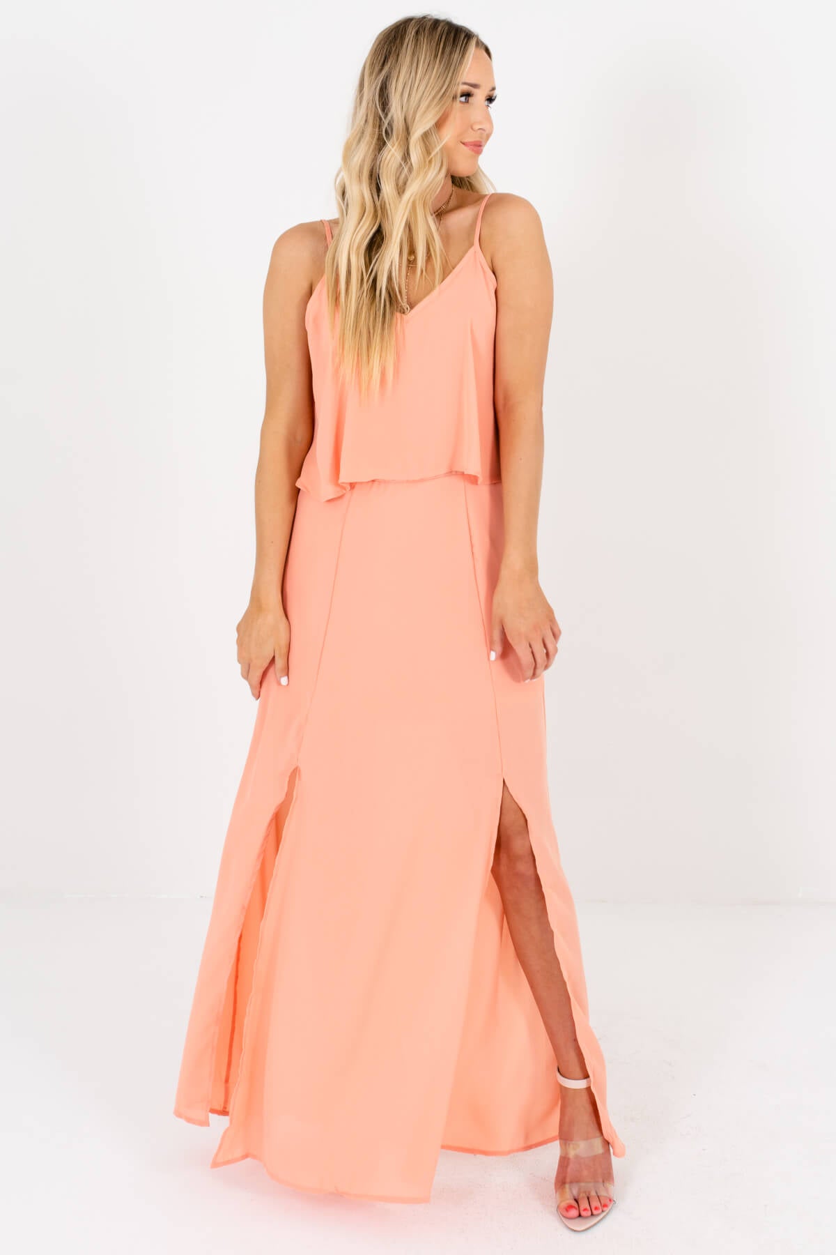 Peach Pink Ruffle Overlay Bodice Boutique Maxi Dresses for Women
