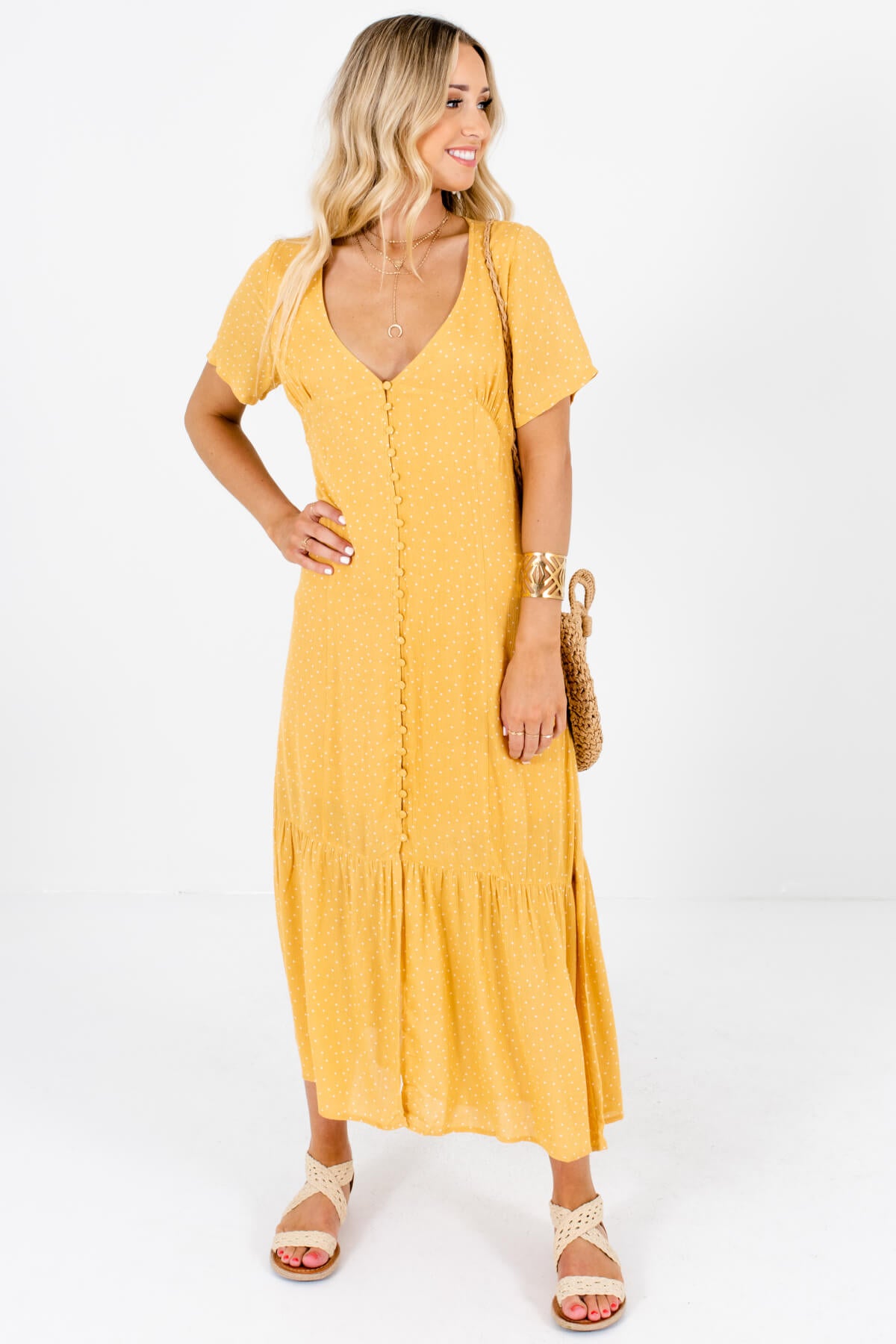 Mustard Yellow Polka Dot Button Up Maxi Dresses Boutique