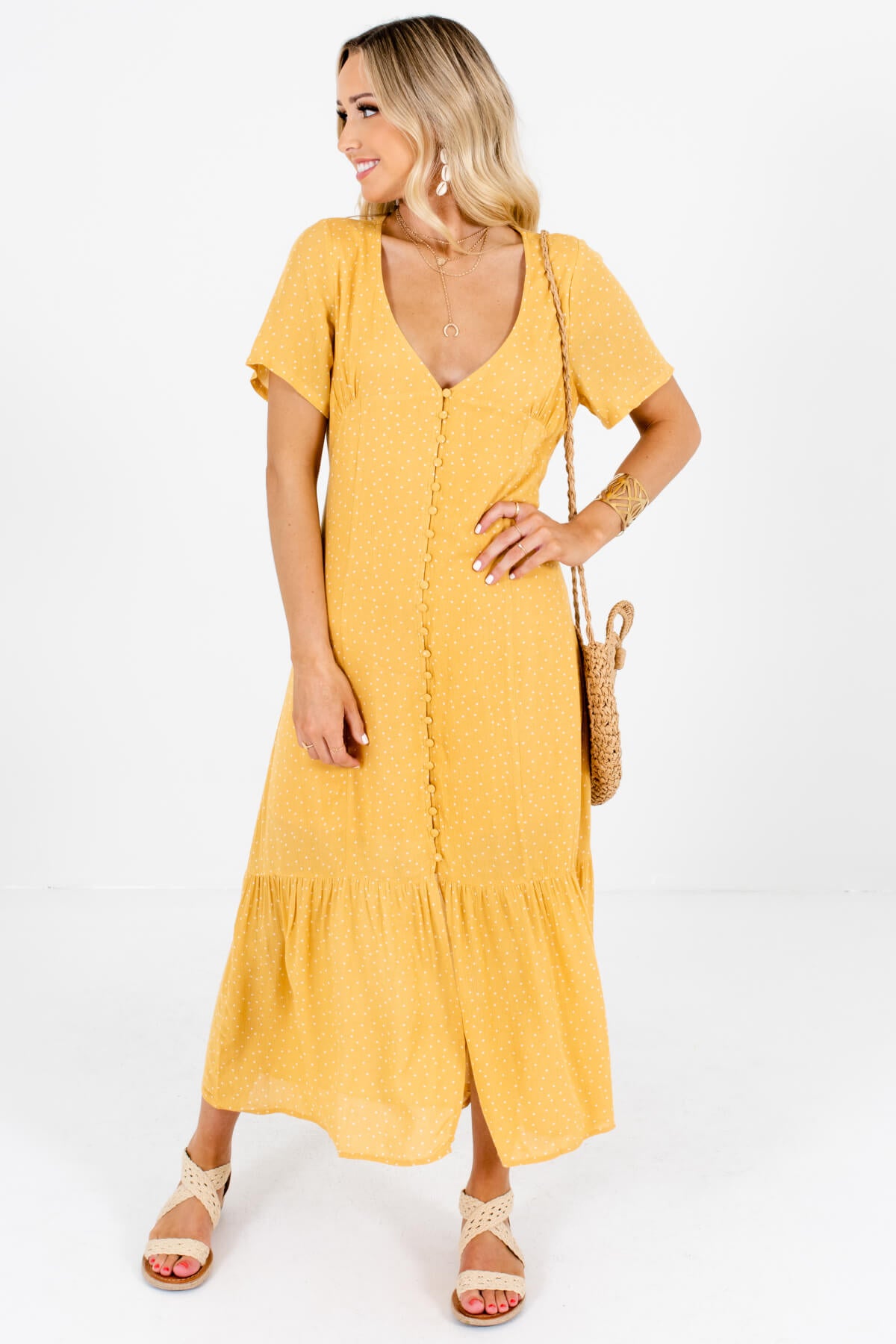 Yellow White Polka Dot Maxi Dresses Affordable Online Boutique