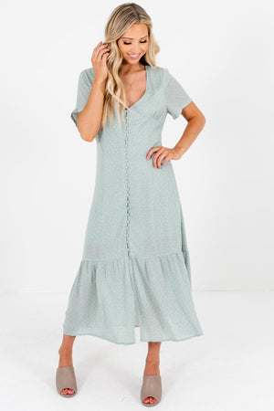 Light Sage Green Polka Dot Button-Up Maxi Dresses for Women