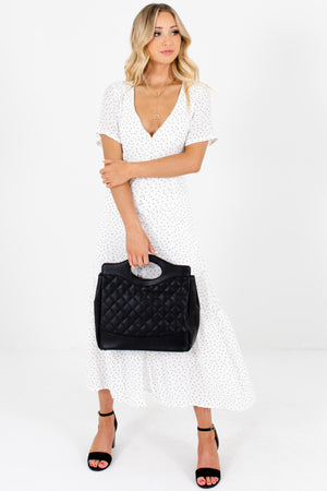 White Polka Dot Print Button Up Maxi Dresses with Back Tie Detail