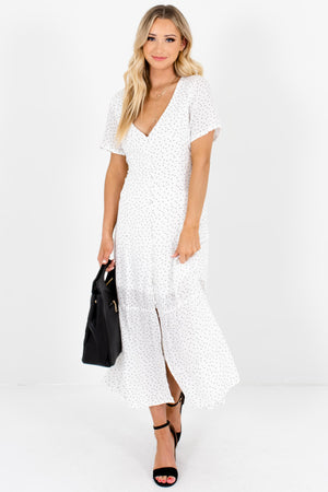 White Black Polka Dot Button Up Maxi Dress with Partial Lining