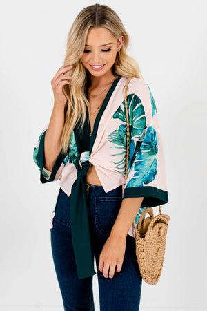 Blush Pink Green Trim Tropical Print Kimonos Affordable Online Boutique