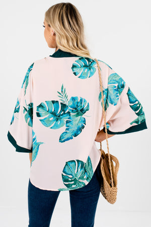 Blush Pink Watercolor Palm Print Tropical Kimonos with Tie Front Detail