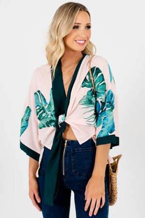 Blush Pink Green Watercolor Print Tropical Kimonos for Women