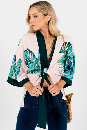 Blush Pink Green Palm Leaf Tropical Print Kimonos Boutique