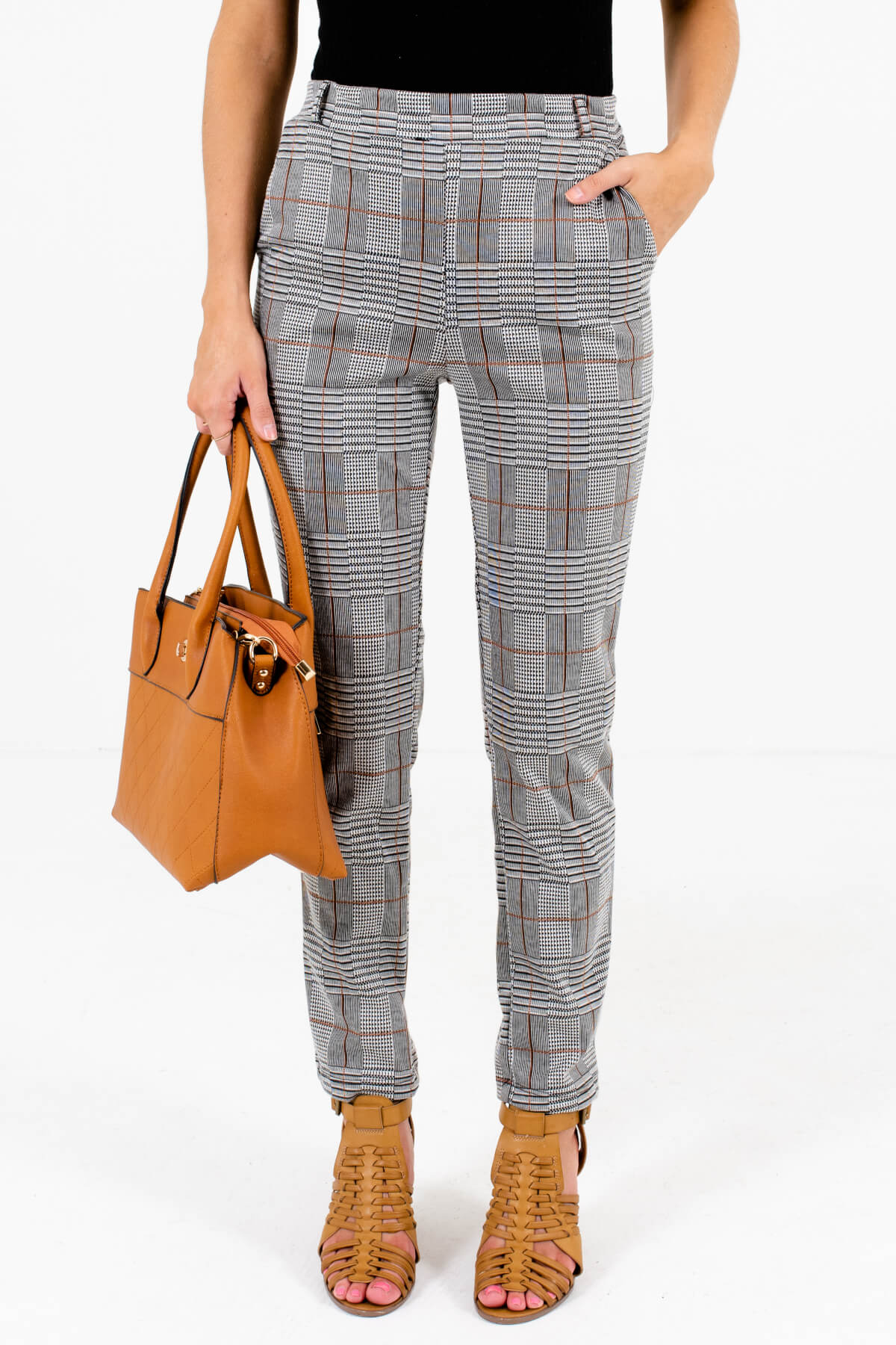Gray, Black, Cream, and Rust Plaid Patterned Boutique Pants for Women