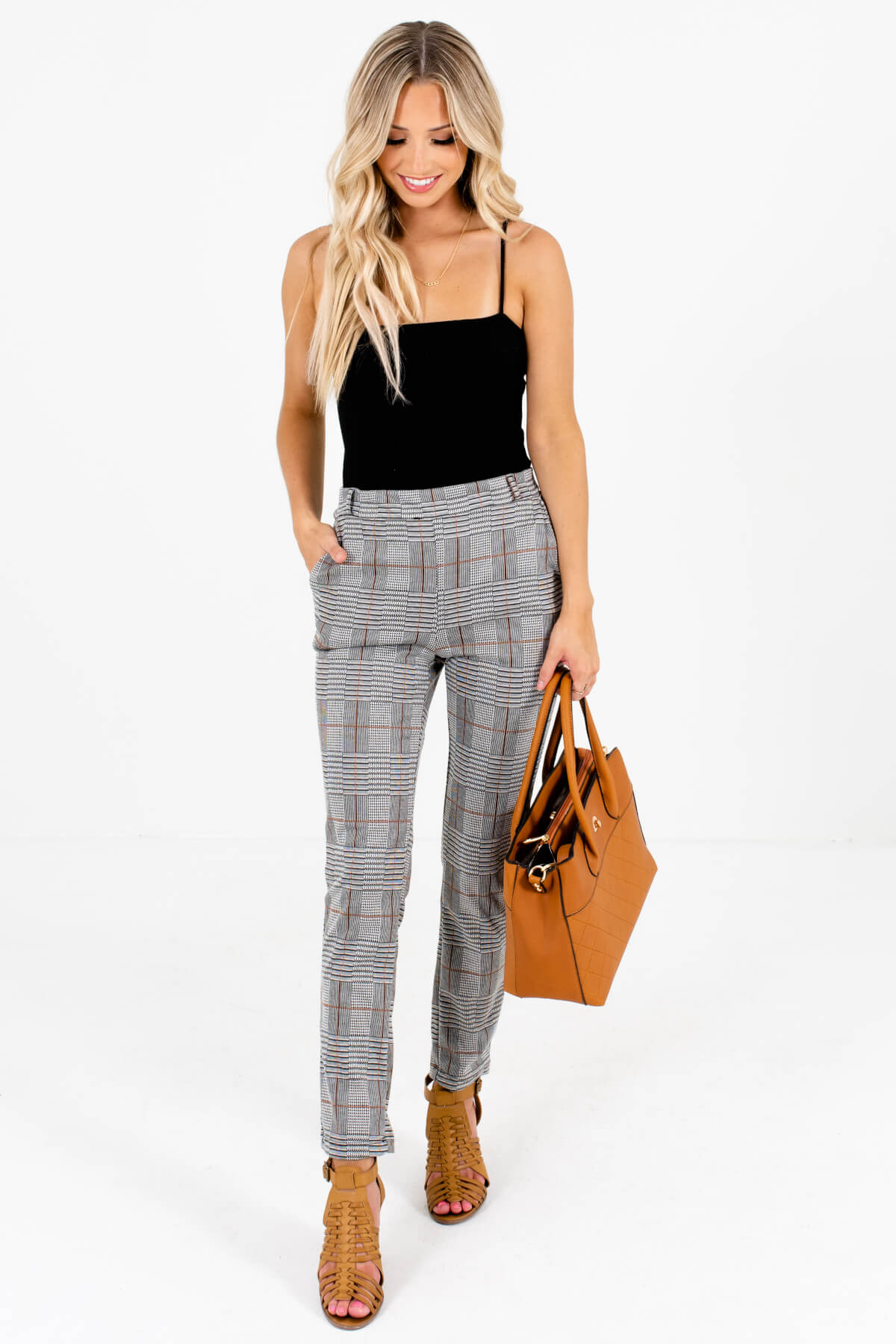 Women's Gray Plaid High-Quality Stretchy Material Boutique Pants