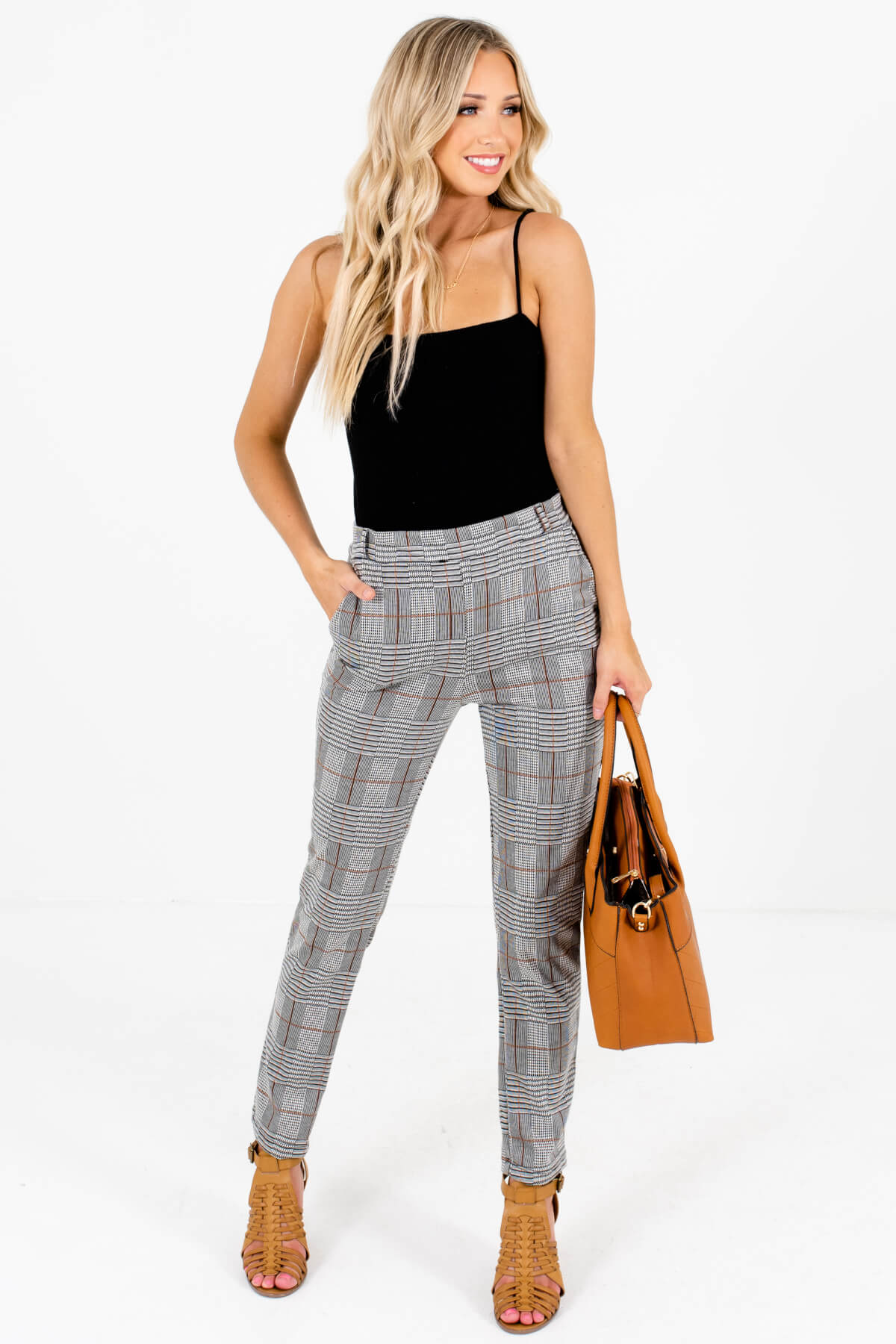 Gray Plaid True-to-Size Fall Boutique Pants for Women