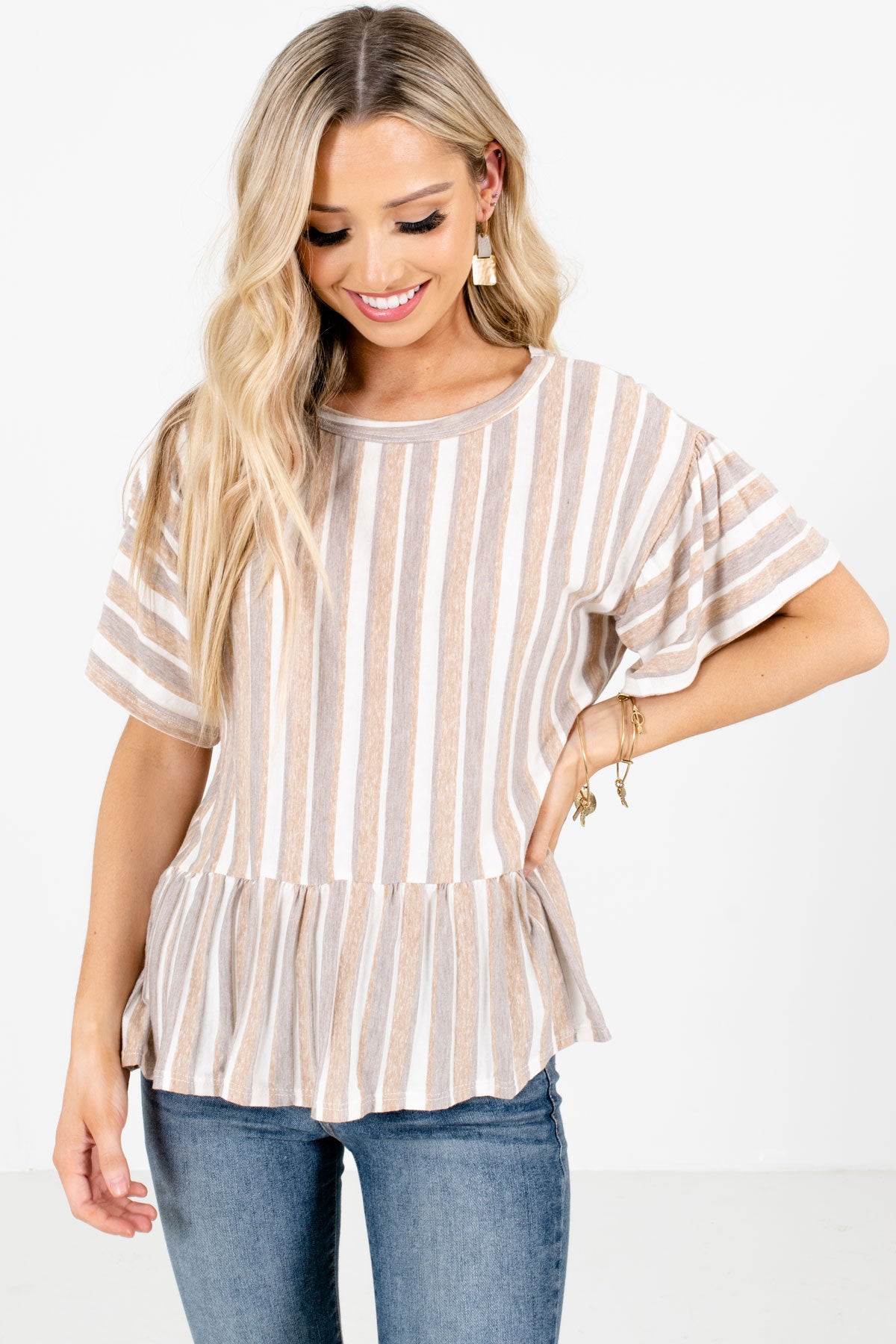 Brown Multi Striped Pattern Boutique Tops for Women