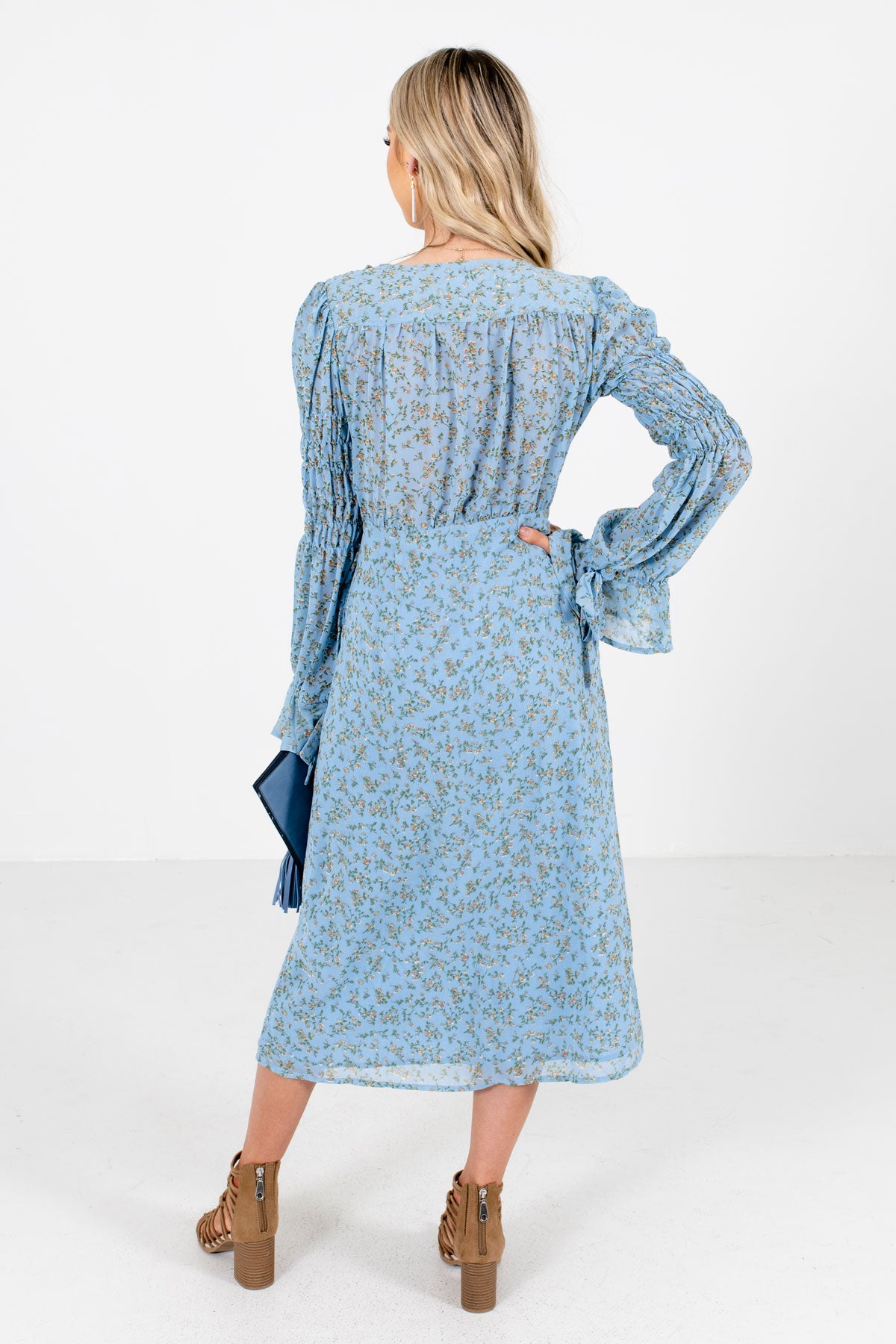 Women's Blue Tie Front Detailed Boutique Midi Dress