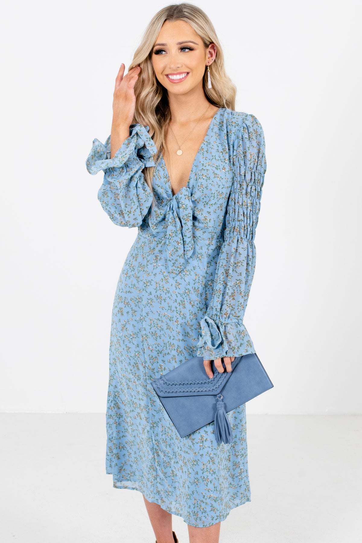 Blue Floral Patterned Boutique Midi Dresses for Women