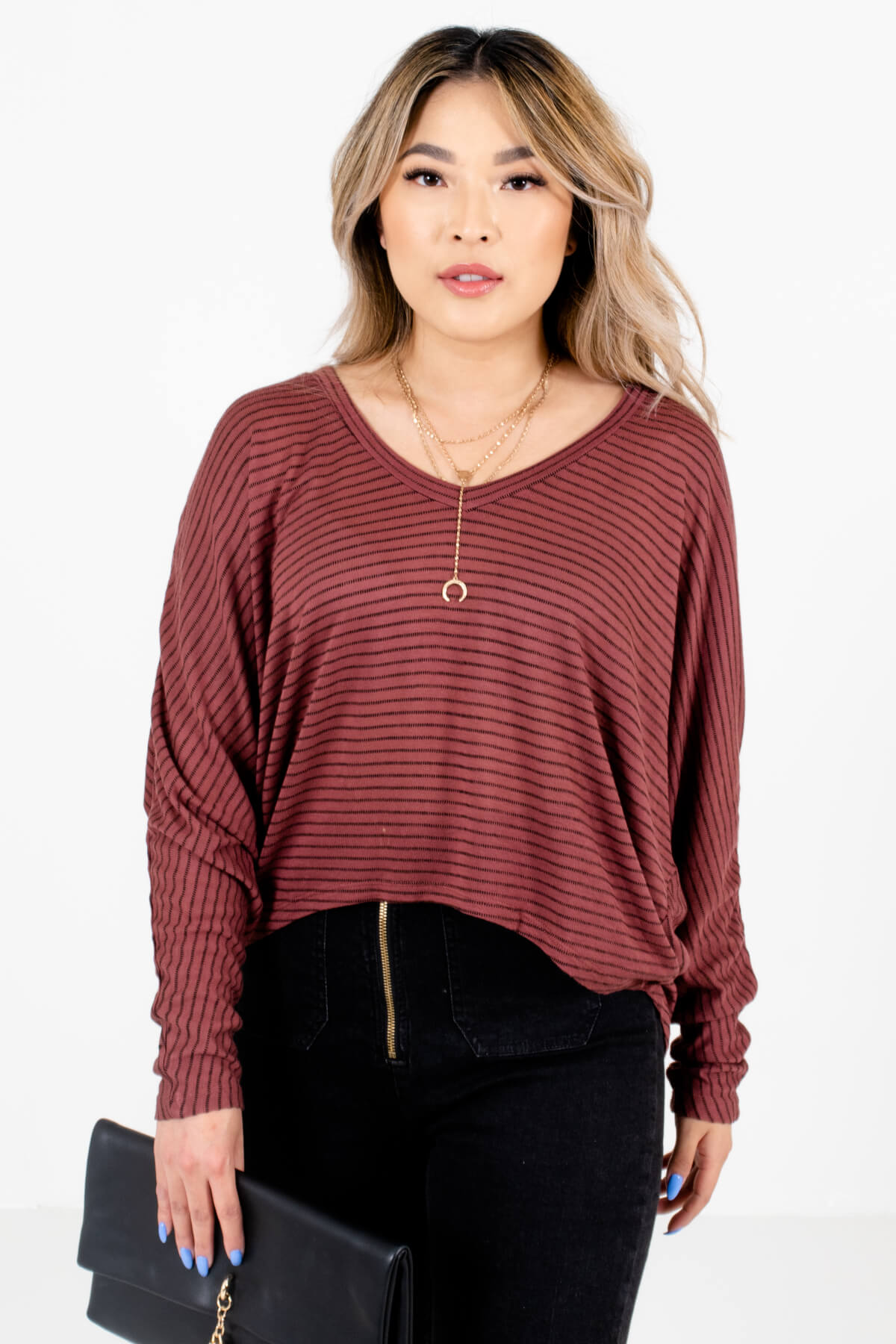 Mauve and Black Striped Boutique Tops for Women
