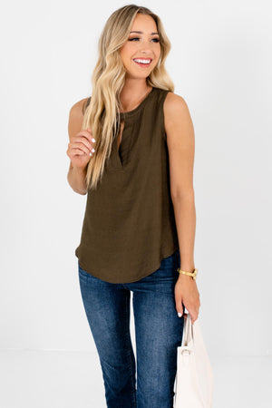 Olive Green Split Neckline Cutout Tank Tops for Women