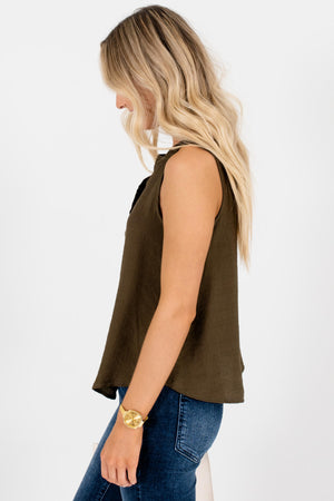 Olive Green Boutique Tank Tops with Cutout Detail