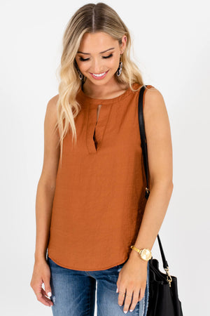 Rust Brown Orange Split Cutout Neckline Tank Tops Boutique