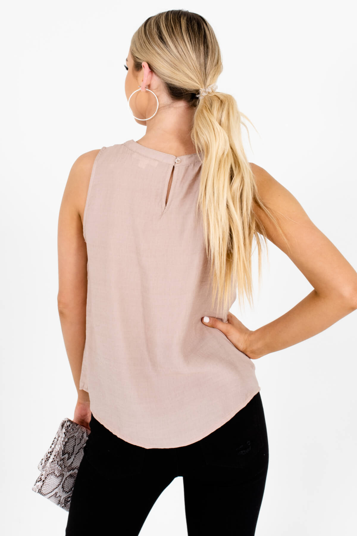 Light Taupe Brown Boutique Cutout Tank Tops for Women