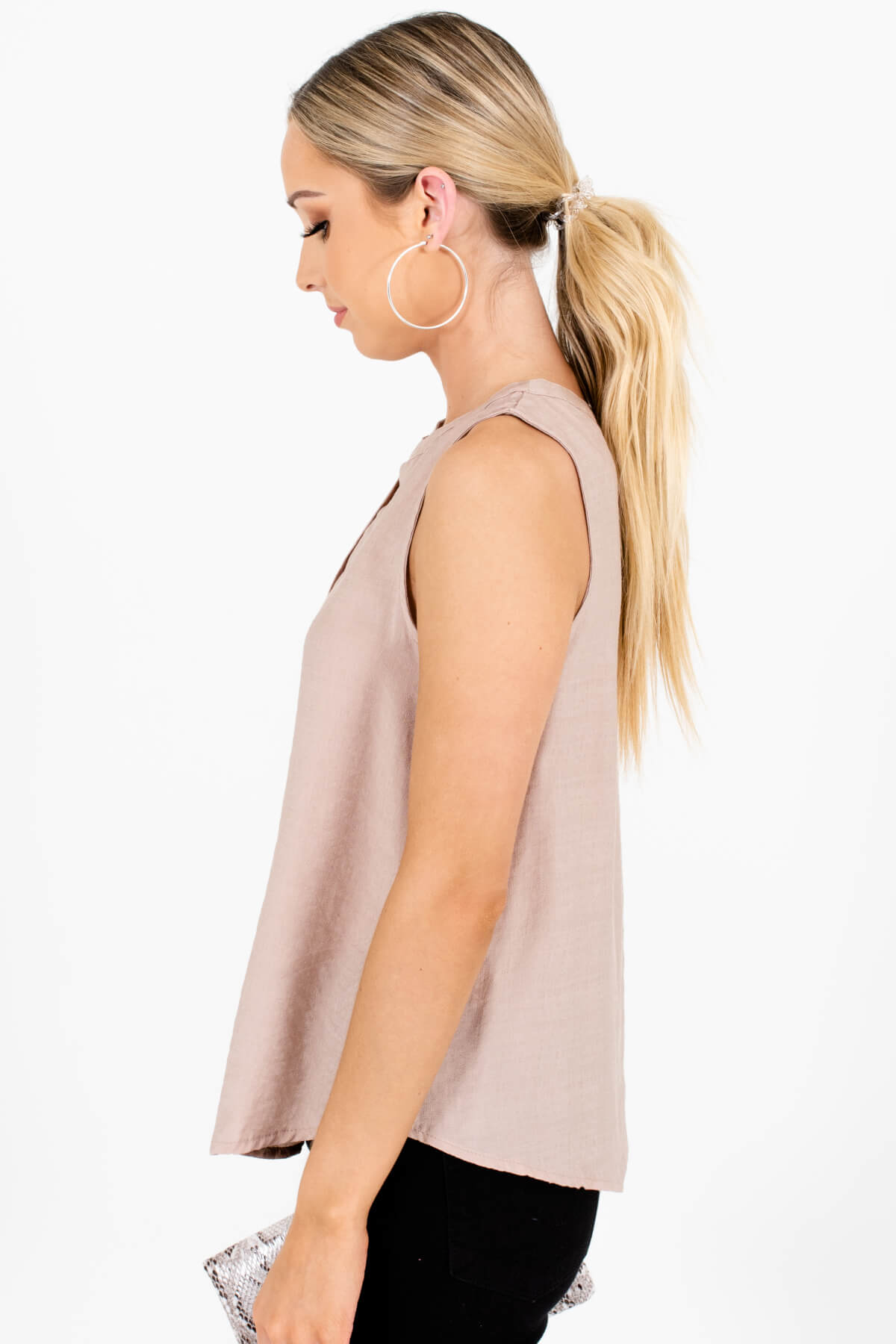 Taupe Brown Neckline Cutout Tank Tops Affordable Online Boutique