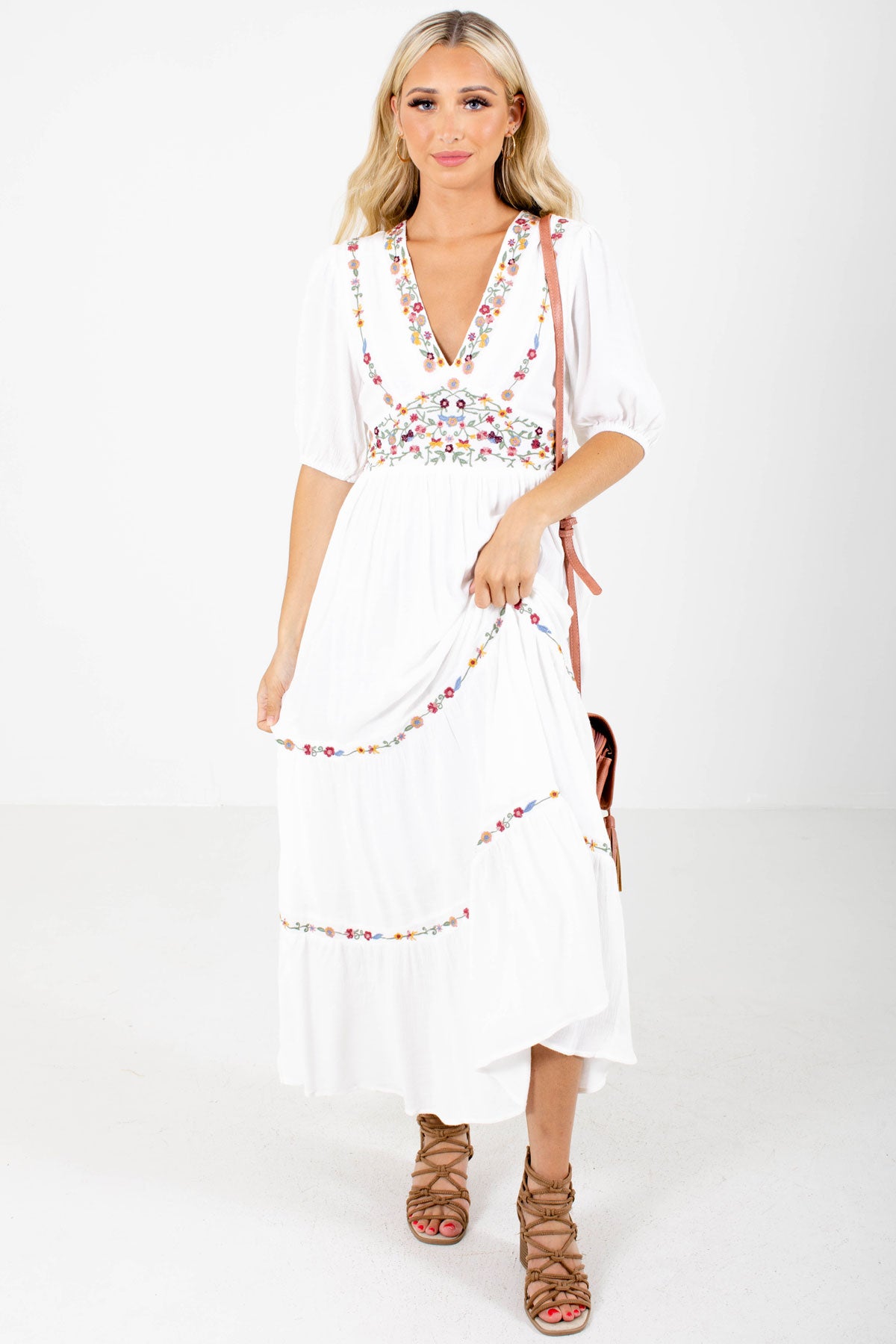 White Multicolored Floral Embroidered Detailed Boutqiue Maxi Dresses for Women