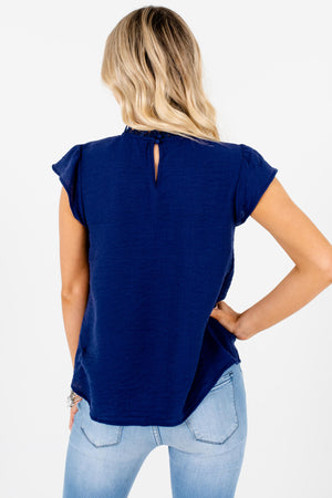 Navy Blue Crochet Polka Dot Mesh Tops and Blouses