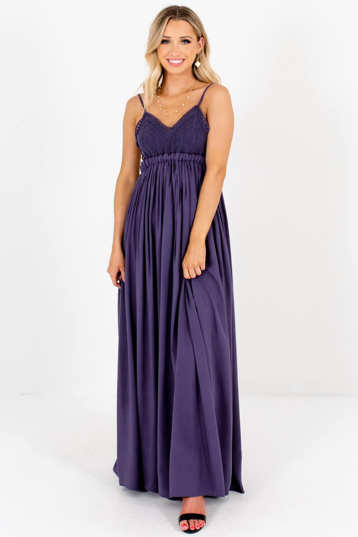 Slate Blue Purple Crochet Bodice Open Back Maxi Dresses for Women