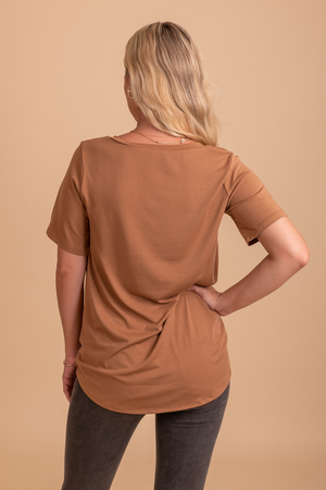Brown pocket detail v-neck top